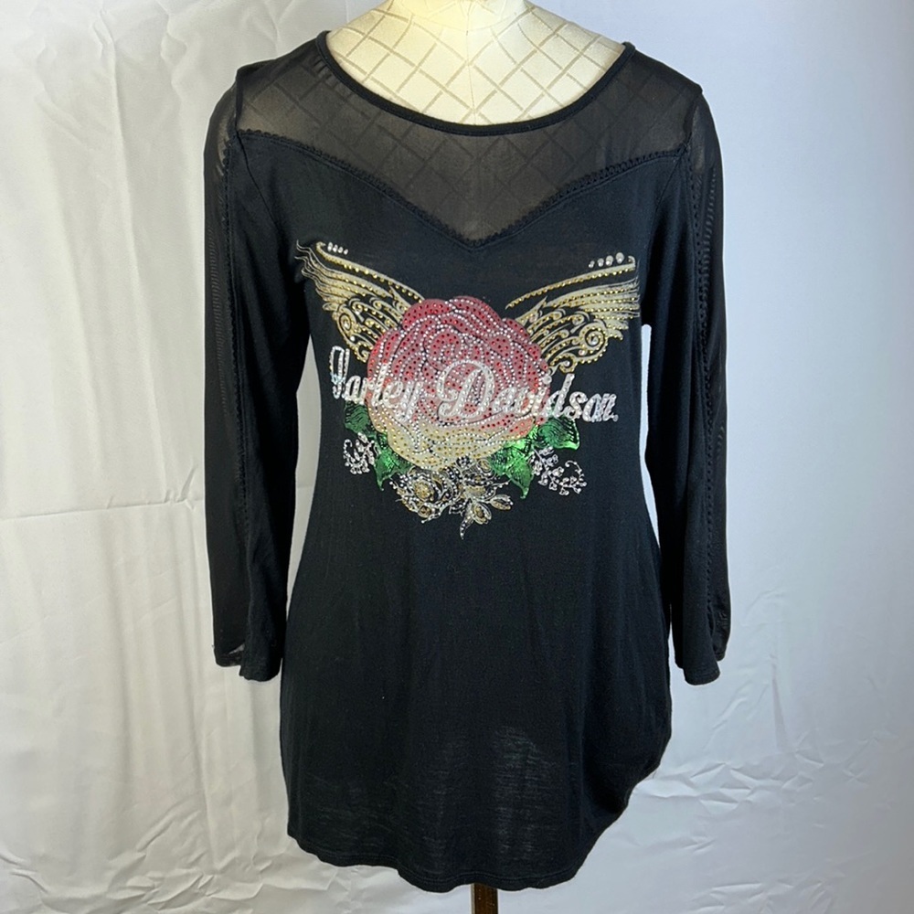 Harley Davidson Medium Black Top 3/4 Sleeve Like new. Netted arms